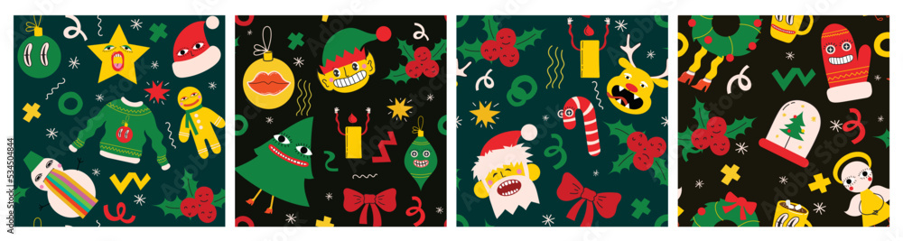 Merry Christmas and Happy New Year 2023. Vector trendy abstract illustrations of holiday card with santa claus, deer, crazy geometric shapes, christmas tree and wreath for poster. Merry Christmas and Happy New Year 2023. Vector trendy abstract illustrations of holiday card with santa claus, deer, crazy geometric shapes, christmas tree and wreath for poster.