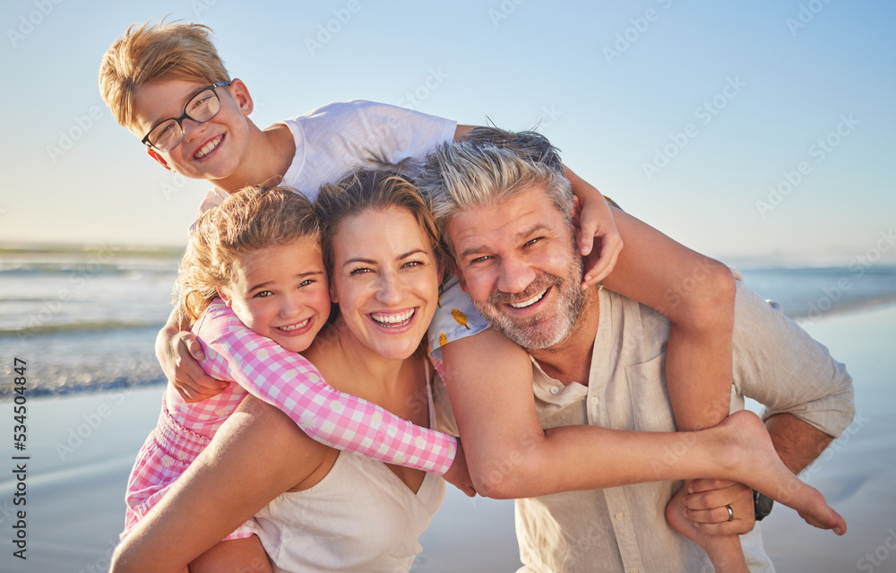 Family, beach and happy kids with quality time together on a summer vacation travel in the sun. Happiness of mother, man and children portrait in sunshine with a smile, hug and fun in nature Family, beach and happy kids with quality time together on a summer vacation travel in the sun. Happiness of mother, man and children portrait in sunshine with a smile, hug and fun in nature