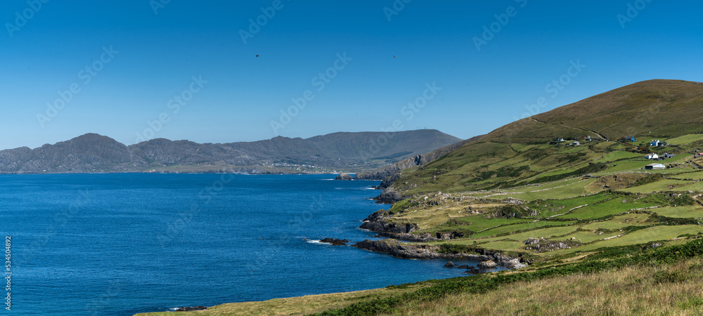 panorama view of the Iveragh Peninsula and Kells Bay in County Kerry
