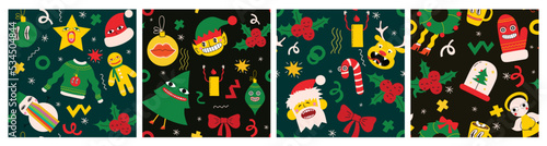 Merry Christmas and Happy New Year 2023. Vector trendy abstract illustrations of holiday card with santa claus, deer, crazy geometric shapes, christmas tree and wreath for poster.