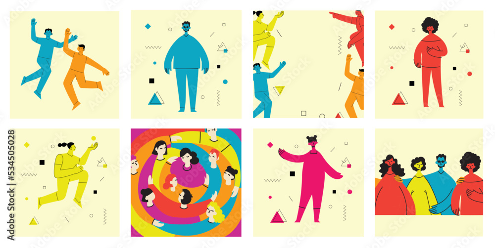 Young men and women with abstract geometric shapes. Team building and teamwork concept. Business partnership, cooperation and communication. Modern flat cartoon style.