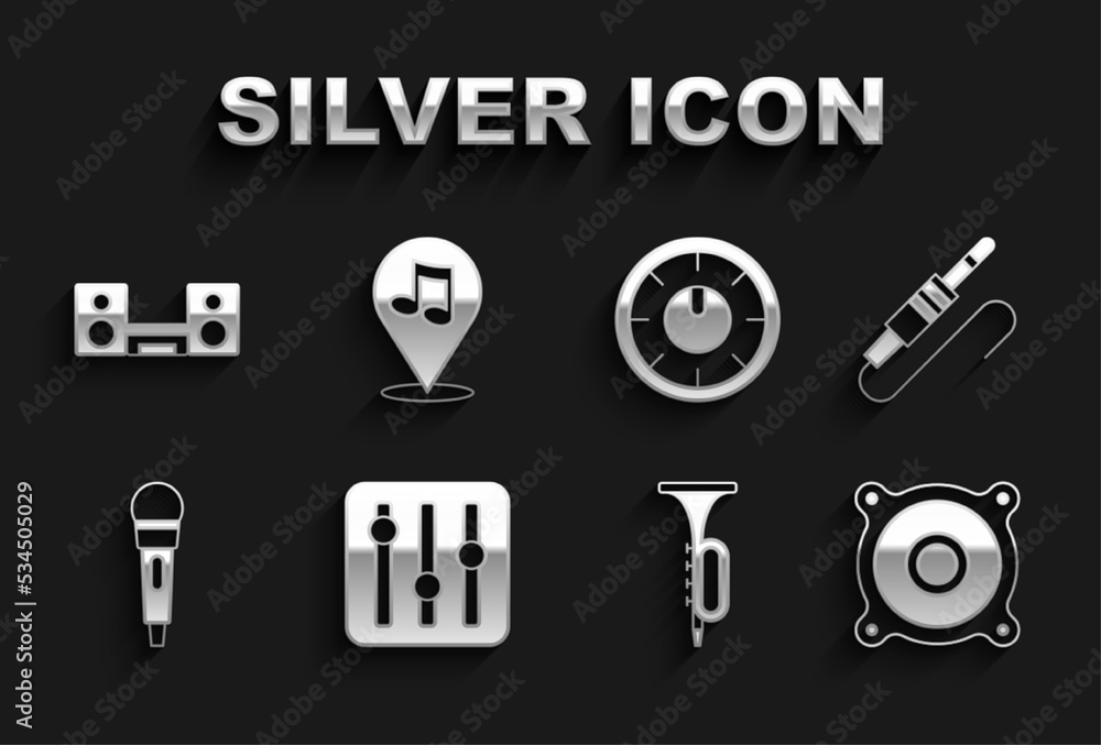 Set Sound mixer controller, Audio jack, Stereo speaker, Trumpet, Microphone, Home stereo with two speakers and Location musical note icon. Vector Set Sound mixer controller, Audio jack, Stereo speaker, Trumpet, Microphone, Home stereo with two speakers and Location musical note icon. Vector