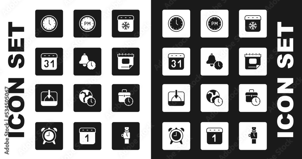Set Calendar winter, Alarm clock, Clock, Day time, Work and Sunset icon. Vector Set Calendar winter, Alarm clock, Clock, Day time, Work and Sunset icon. Vector