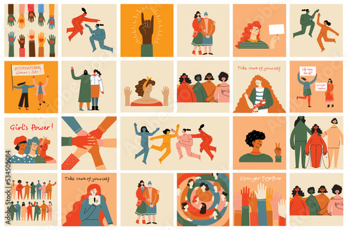Women friendship group. Diverse female team standing together, holding hands, girls power, multinational sisterhood community vector illustration. Friendship group females, people diversity