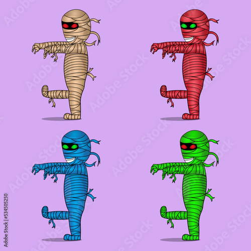 set of 4 cute mummies walking for halloween with different colors