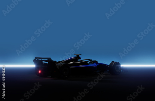 Silhouette of a modern generic sports racing car standing in a dark garage. 3d rendering