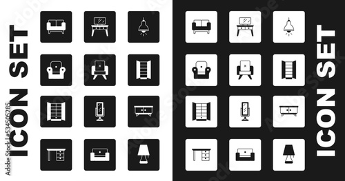 Set Lamp hanging, Armchair, Sofa, Wardrobe, Dressing table, Furniture nightstand and icon. Vector
