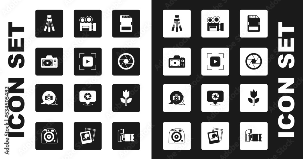 Set SD card, Camera focus frame line, Photo camera, Tripod, shutter, Retro cinema, mode macro and icon. Vector Set SD card, Camera focus frame line, Photo camera, Tripod, shutter, Retro cinema, mode macro and icon. Vector
