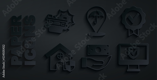 Set Money with shield, Approved and check mark, House, Insurance online, Umbrella and Car accident icon. Vector