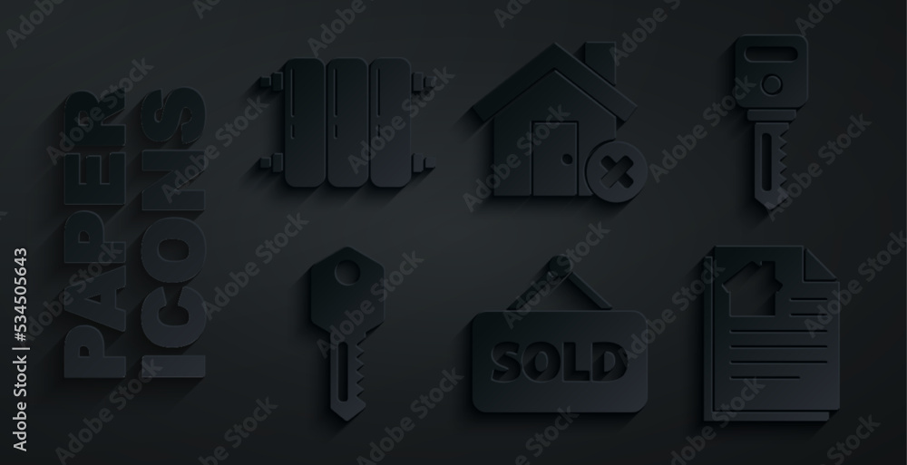 Set Hanging sign with text Sold, House key, contract, wrong mark and Heating radiator icon. Vector Set Hanging sign with text Sold, House key, contract, wrong mark and Heating radiator icon. Vector