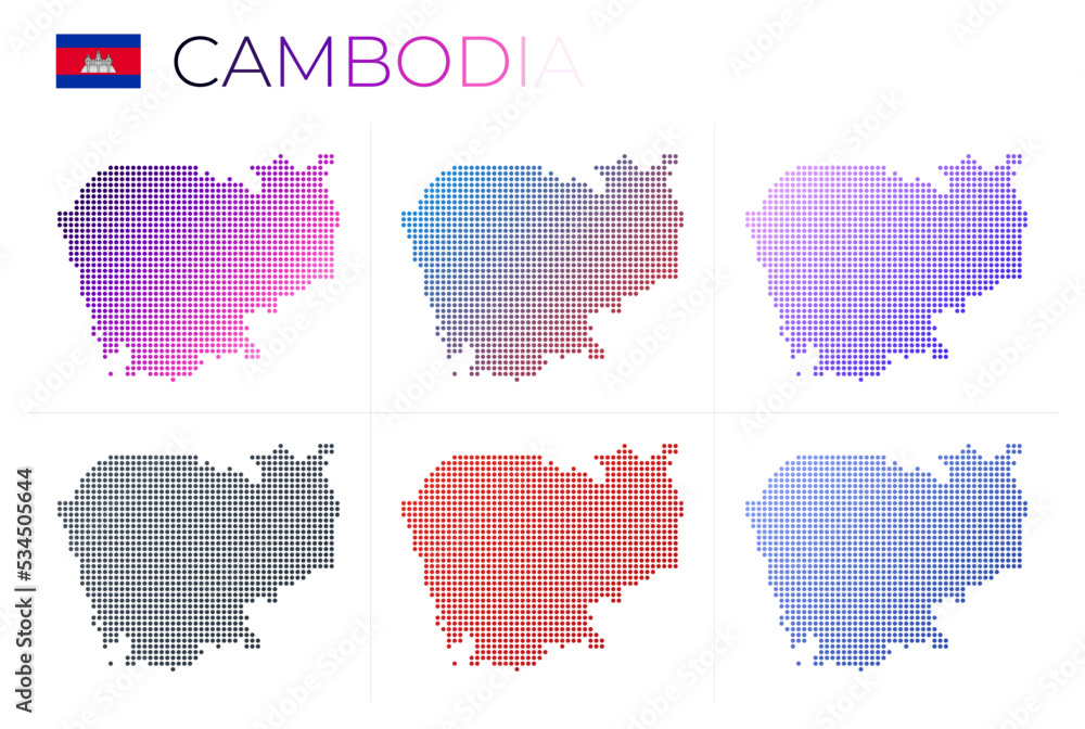 Cambodia dotted map set. Map of Cambodia in dotted style. Borders of the country filled with beautiful smooth gradient circles. Powerful vector illustration.