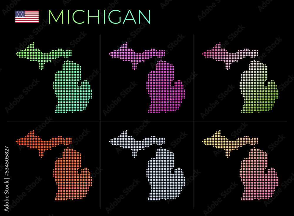 Michigan dotted map set. Map of Michigan in a dotted style. Borders of the US state filled with beautiful smooth gradient circles. Radiant vector illustration. Michigan dotted map set. Map of Michigan in a dotted style. Borders of the US state filled with beautiful smooth gradient circles. Radiant vector illustration.