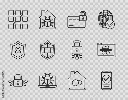 Set line Cyber security, Smartphone, Credit card with lock, System bug monitor, Graphic password protection, Shield brick wall, home and Browser incognito window icon. Vector