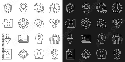 Set line Location with person  Users group  Project team base  Create account screen  Human gear  Head hunting  protection and Speech bubble chat icon. Vector