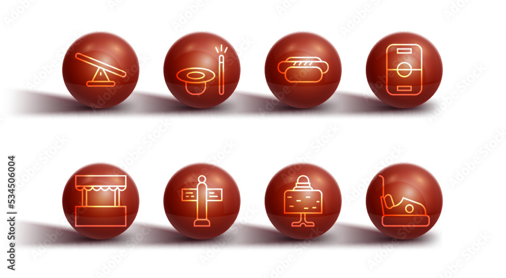 Set line Seesaw, Ticket box office, Hockey table, Magic ball on, Road traffic signpost, hat and wand, Bumper car and Hotdog icon. Vector Set line Seesaw, Ticket box office, Hockey table, Magic ball on, Road traffic signpost, hat and wand, Bumper car and Hotdog icon. Vector