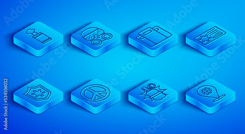 Set line Hand grenade, Gas mask, Police assault shield, Peace, badge, and Protest icon. Vector