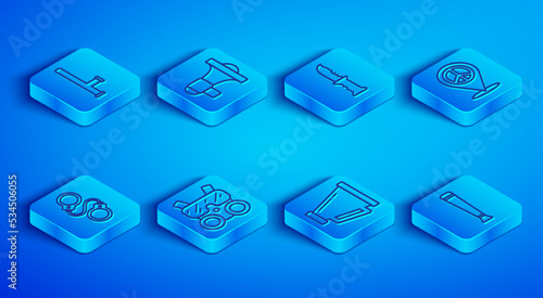 Set line Police rubber baton, Megaphone, Military knife, Gas mask, Location peace, Handcuffs and icon. Vector