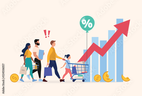 Inflation vector illustration with people carrying groceries in shopping bags and cart - prices increase and money devaluation problem photo