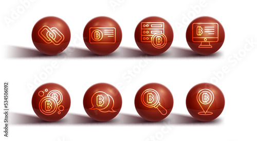 Set line Chain link, Bitcoin, Mining bitcoin from monitor, Magnifying glass with, Credit card, and Server icon. Vector