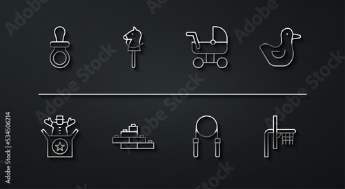 Set line Baby dummy pacifier, Jack in the box toy, Rubber duck, Jump rope, Toy building block bricks, horse, Basketball backboard and stroller icon. Vector