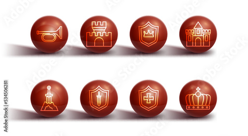 Set line Trumpet, Sword in the stone, Castle, fortress, Shield, Medieval shield with sword, King crown and icon. Vector