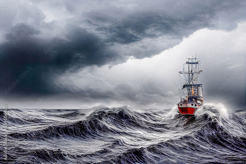 Schiff in Seenot, Orkan, Hurrikan, Taifun  - obrazy, fototapety, plakaty 