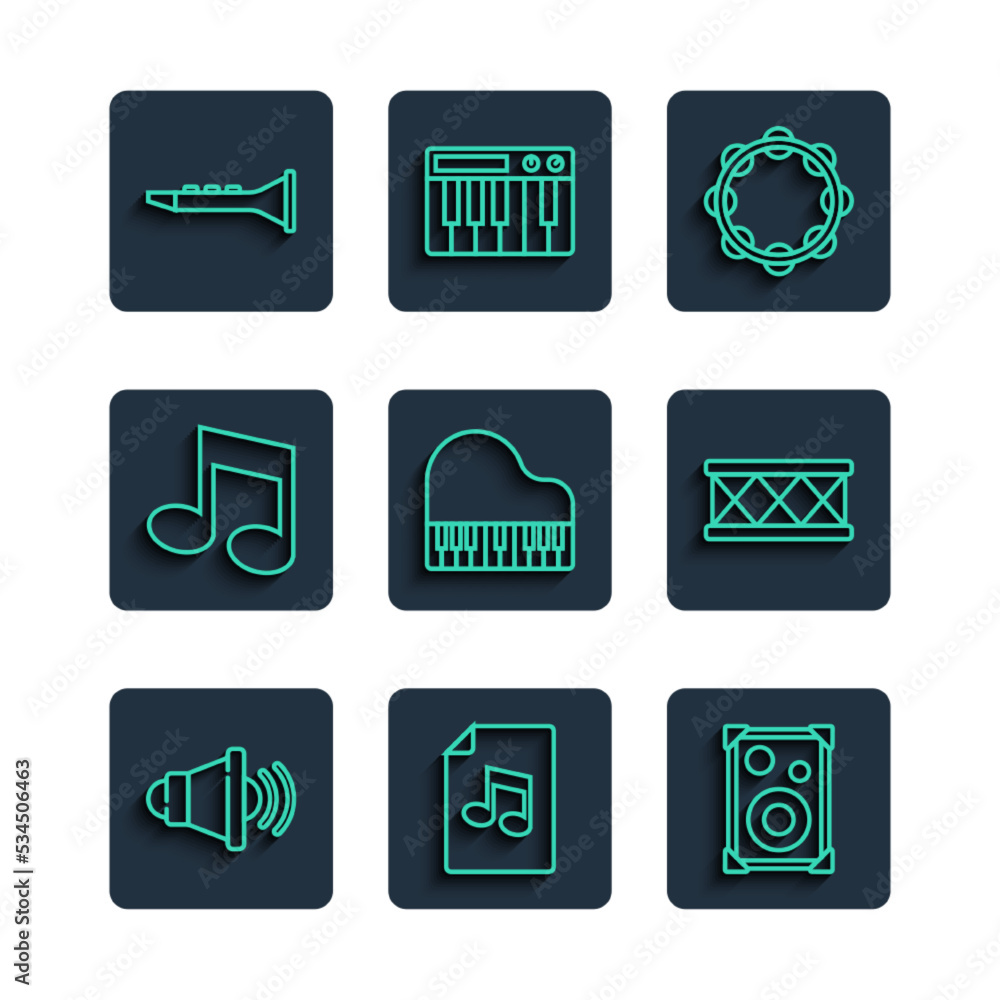 Set line Speaker volume, Music book with note, Stereo speaker, Tambourine, Grand piano, tone, Clarinet and Drum icon. Vector Set line Speaker volume, Music book with note, Stereo speaker, Tambourine, Grand piano, tone, Clarinet and Drum icon. Vector