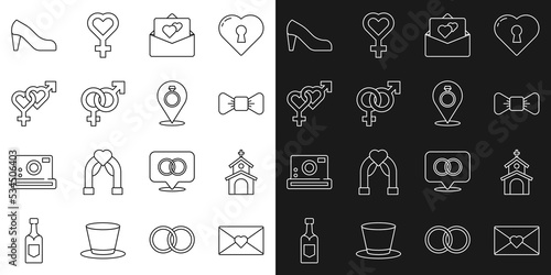 Set line Envelope with Valentine heart, Church building, Bow tie, Greeting card, Gender, Woman shoe and Wedding rings icon. Vector