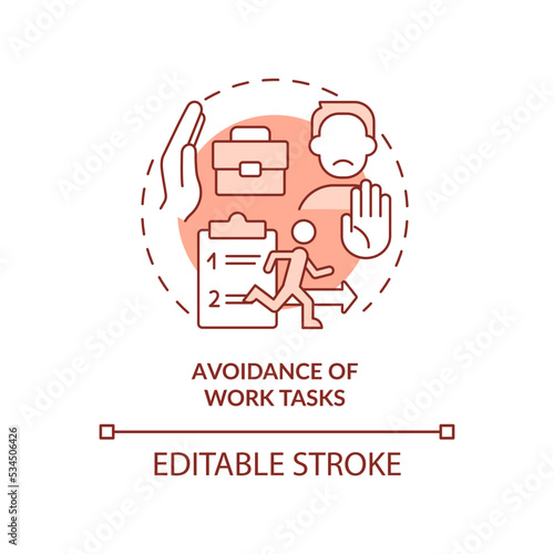 Avoidance of work tasks red concept icon. Reject to perform job responsibilities abstract idea thin line illustration. Isolated outline drawing. Editable stroke. Arial, Myriad Pro-Bold fonts used