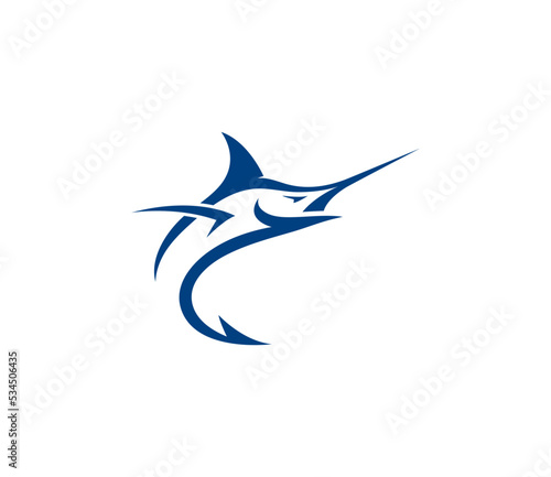 Fishing logo. Unique swordfish with a tail shaped a fishing hook. Vector logo design template