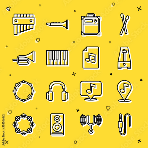 Set line Audio jack, Location musical note, Metronome with pendulum, Guitar amplifier, Grand piano, Trumpet, Pan flute and Music book icon. Vector