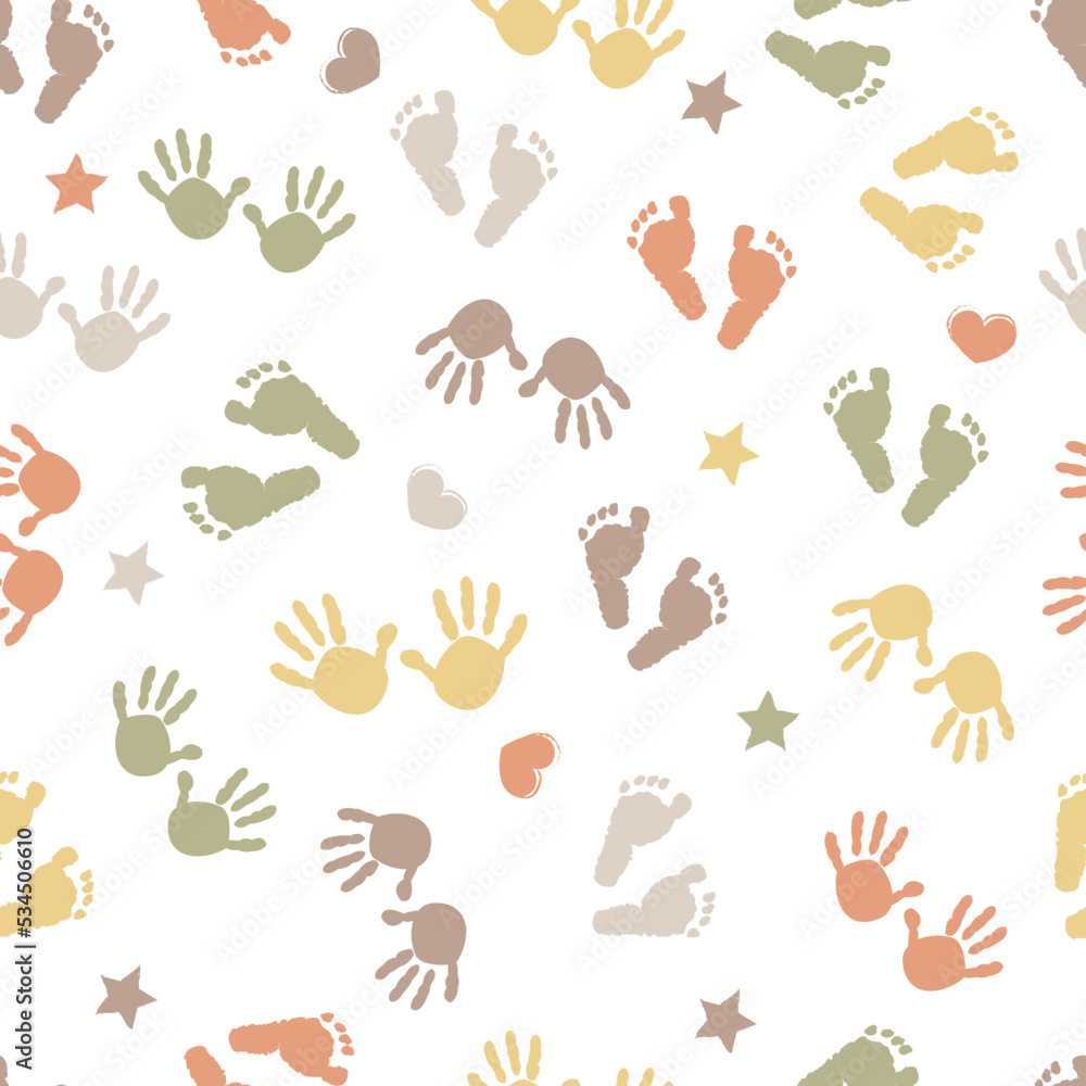 Baby hand foot print, stars and heart baby shower seamless fabric design pattern