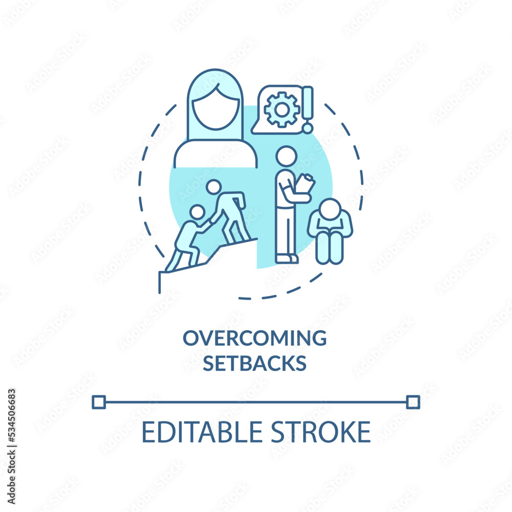Overcoming setbacks blue concept icon. Help to resolve work problem. Motivation abstract idea thin line illustration. Isolated outline drawing. Editable stroke. Arial, Myriad Pro-Bold fonts used Overcoming setbacks blue concept icon. Help to resolve work problem. Motivation abstract idea thin line illustration. Isolated outline drawing. Editable stroke. Arial, Myriad Pro-Bold fonts used