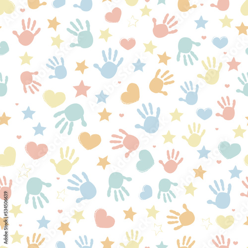 Baby hand print, stars and heart baby shower seamless fabric design pattern