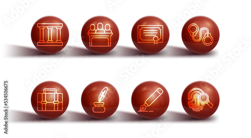 Set line Prison window, Briefcase, Handcuffs, Fountain pen nib, Feather inkwell, Jurors, Fingerprint and Certificate template icon. Vector