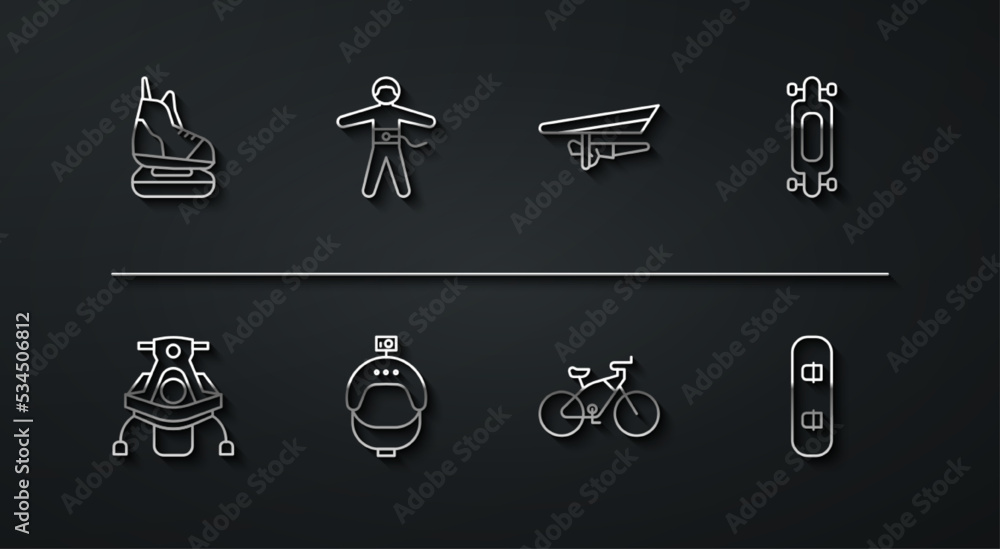 Set line Skates, Snowmobile, Longboard or skateboard, Bicycle, Helmet and action camera, Bungee jumping, Snowboard and Hang glider icon. Vector Set line Skates, Snowmobile, Longboard or skateboard, Bicycle, Helmet and action camera, Bungee jumping, Snowboard and Hang glider icon. Vector