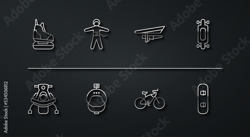 Set line Skates, Snowmobile, Longboard or skateboard, Bicycle, Helmet and action camera, Bungee jumping, Snowboard and Hang glider icon. Vector