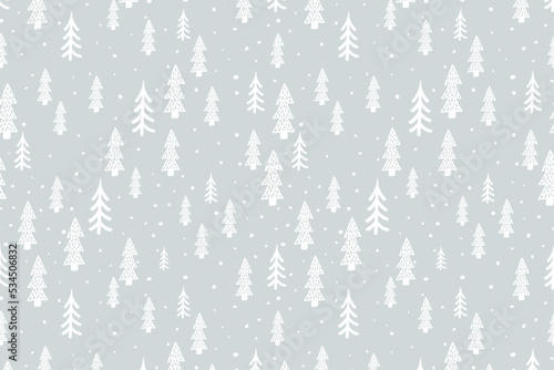 Christmas tree pattern horizontal background. Winter forest scandinavian hand drawn print. Vector New Year and holidays gray texture with fir tree for wallpaper, decor, background.