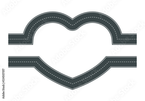 Vector illustration of heart shaped road with white markings isolated on white background. Empty heart shaped asphalt road in top view. Valentine Day template.
