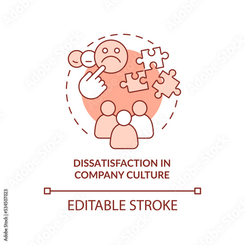 Unhappy employees red concept icon. Job dissatisfaction. Company culture problem abstract idea thin line illustration. Isolated outline drawing. Editable stroke. Arial, Myriad Pro-Bold fonts used
