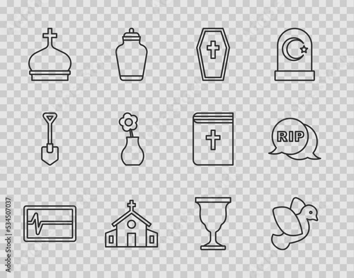 Set line Beat dead in monitor, Dove, Coffin with cross, Church building, tower, Flower vase, Christian chalice and Speech bubble rip death icon. Vector