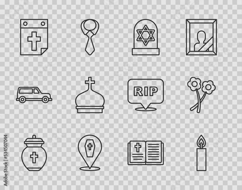 Set line Funeral urn, Burning candle, Grave with star of david, Coffin cross, Calendar death, Church tower, Holy bible book and Flower icon. Vector
