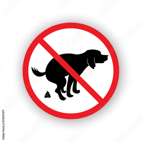No dog poop sign icon. Pooping is forbidden. Information for dog owners red circular sign. Isolated vector illustration.
