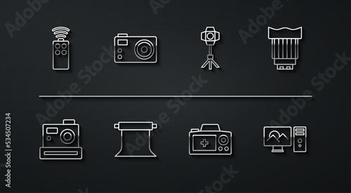 Set line Remote control for camera, Photo, Camera photo lens, Empty studio, retouching and Softbox light icon. Vector