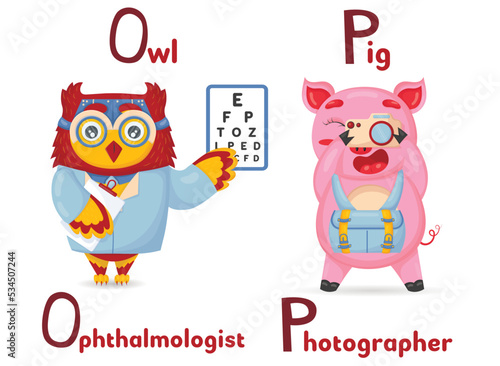 ABC latin alphabet animal professions starting with letter o owl ophthalmologist and letter p pig photographer in cartoon style.