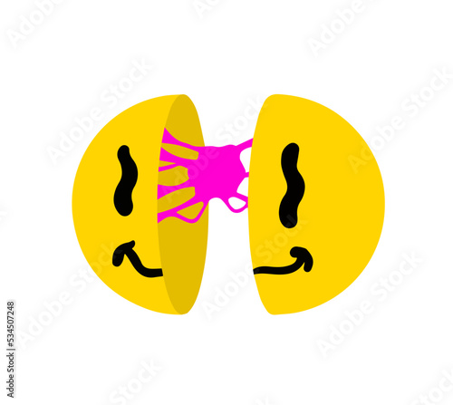 Acid smile face. Retro symbol of rave and techno. Melted trippy character. Comic funky yellow sticker.