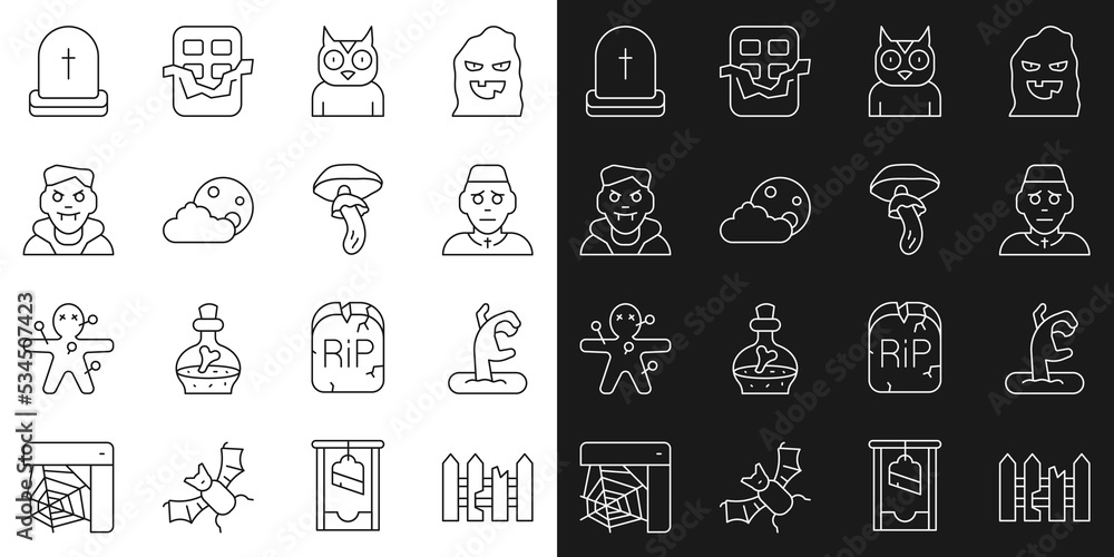 Set line Garden fence wooden, Zombie hand, Priest, Owl bird, Moon stars, Vampire, Tombstone with RIP written and Psilocybin mushroom icon. Vector Set line Garden fence wooden, Zombie hand, Priest, Owl bird, Moon stars, Vampire, Tombstone with RIP written and Psilocybin mushroom icon. Vector