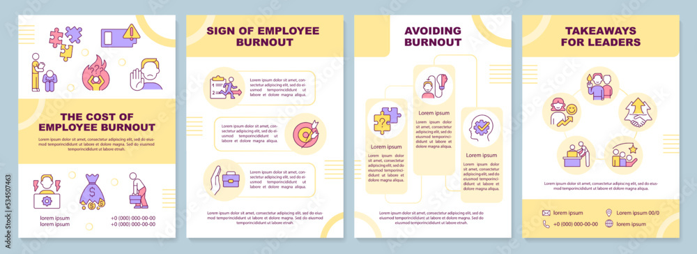 Employee burnout impact yellow brochure template. HR care. Leaflet design with linear icons. Editable 4 vector layouts for presentation, annual reports. Arial-Black, Myriad Pro-Regular fonts used Employee burnout impact yellow brochure template. HR care. Leaflet design with linear icons. Editable 4 vector layouts for presentation, annual reports. Arial-Black, Myriad Pro-Regular fonts used