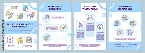 Employee resilience blue brochure template. Workers wellness. Leaflet design with linear icons. Editable 4 vector layouts for presentation, annual reports. Arial-Black, Myriad Pro-Regular fonts used