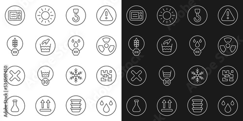 Set line Water drop, QR code, Radioactive, Industrial hook, Hand wash laundry, Gluten free grain, Microwave oven and forbidden icon. Vector